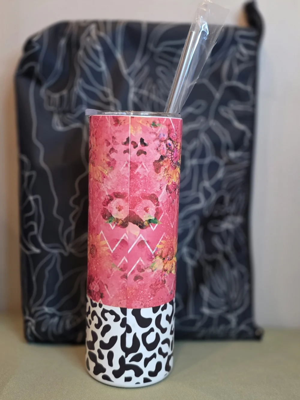 Insulated Pink Patterned Travel Tumbler with Straw - No Brand